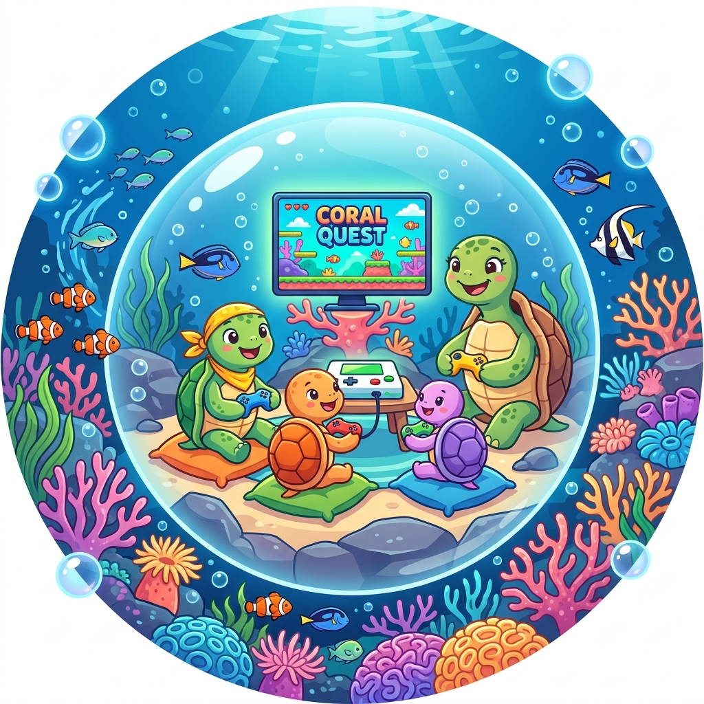 AquaArcade turtles playing console co-op illustration